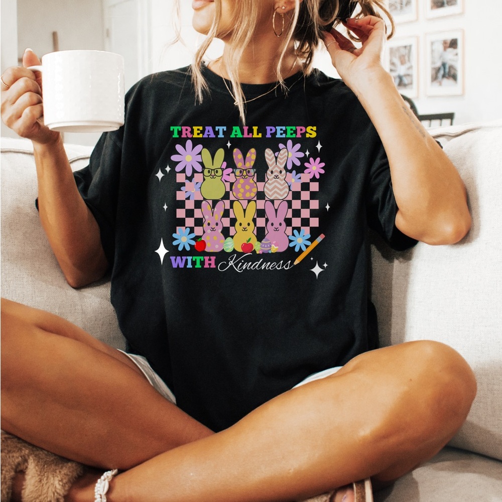 Black Graphic Tee with Colorful Bunny Design Easter